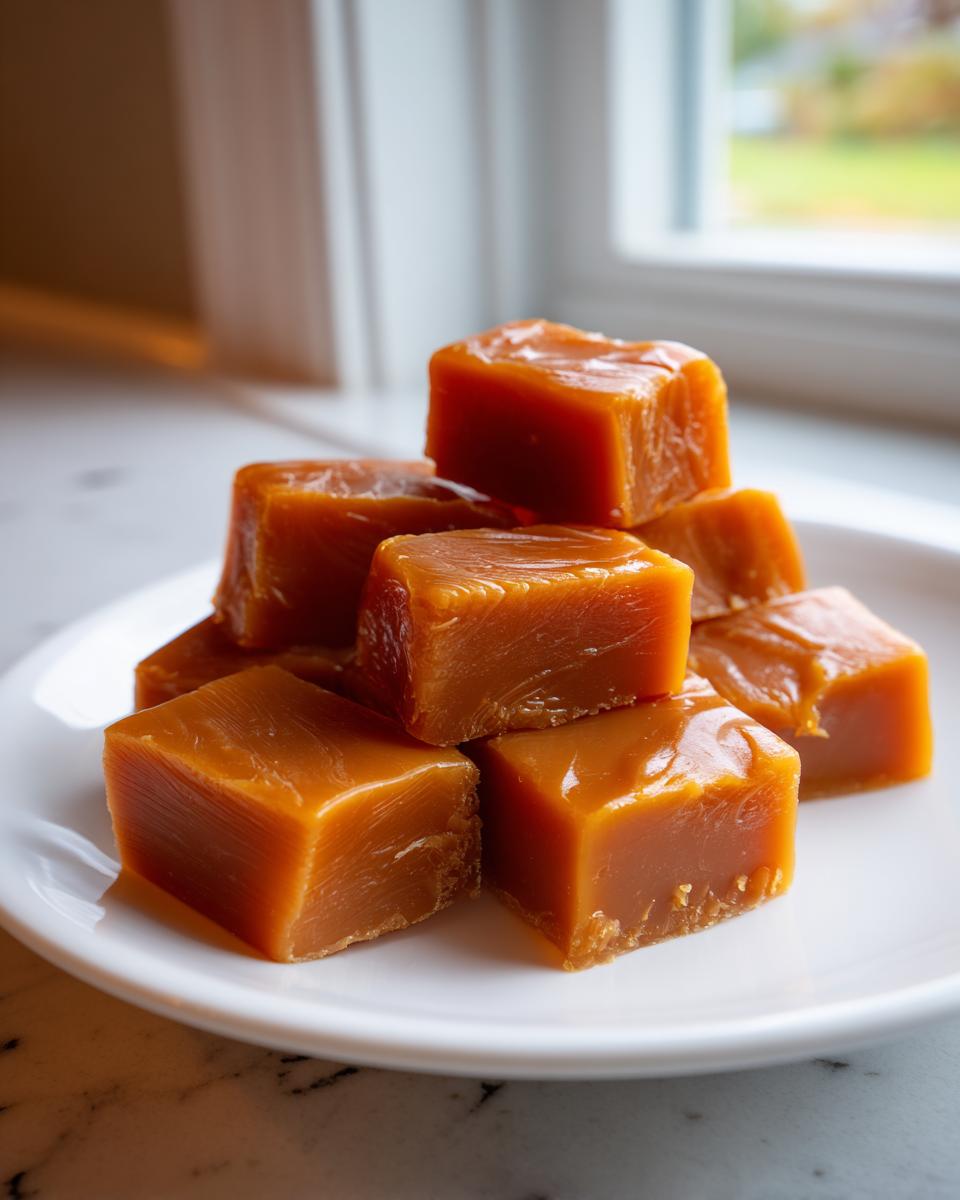 A stack of glossy, square homemade caramel candies piled on a white plate near a bright window.