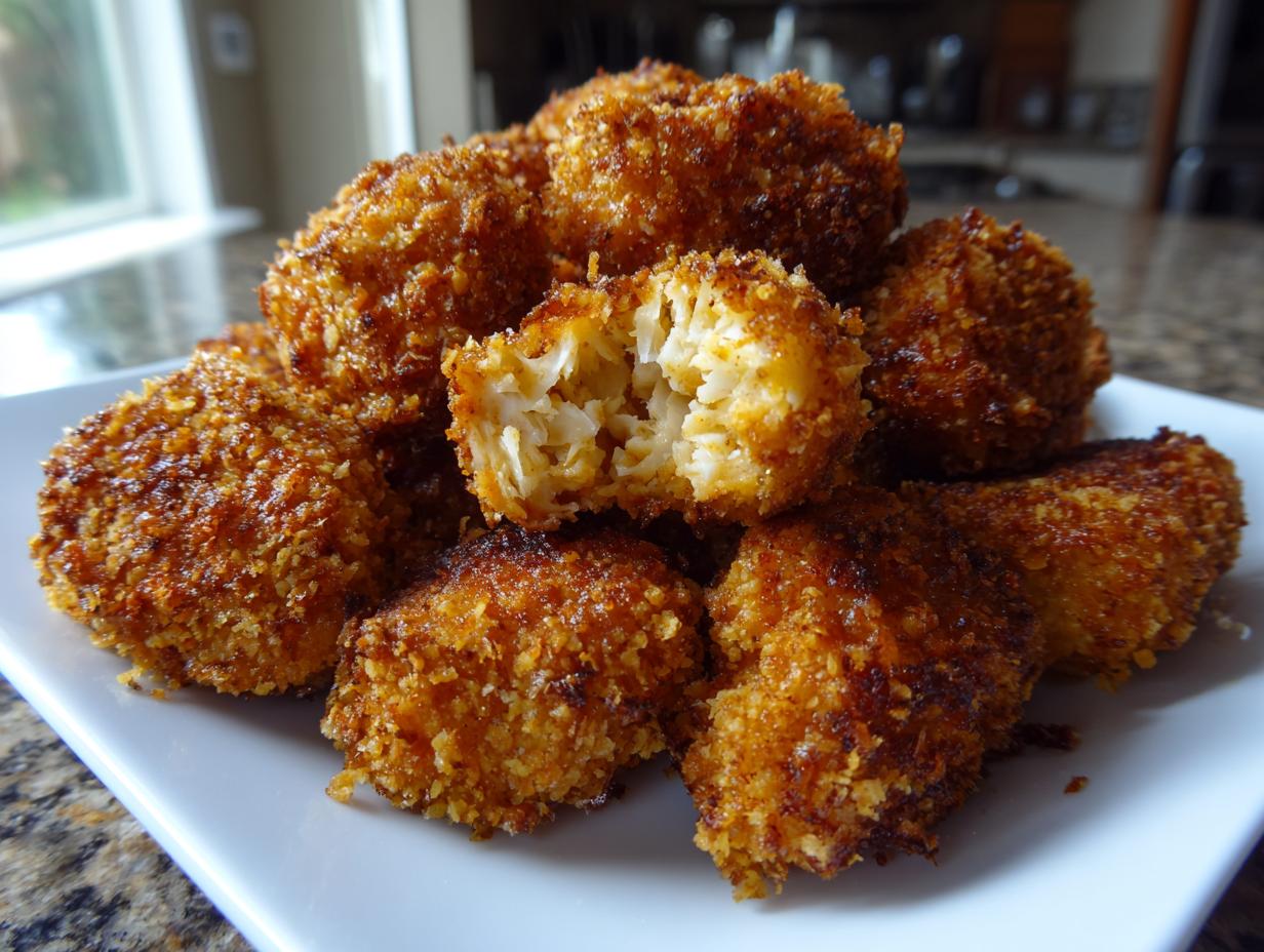 A pile of golden brown, crispy homemade chicken nuggets on a white plate, with one nugget broken open showing the shredded chicken interior.