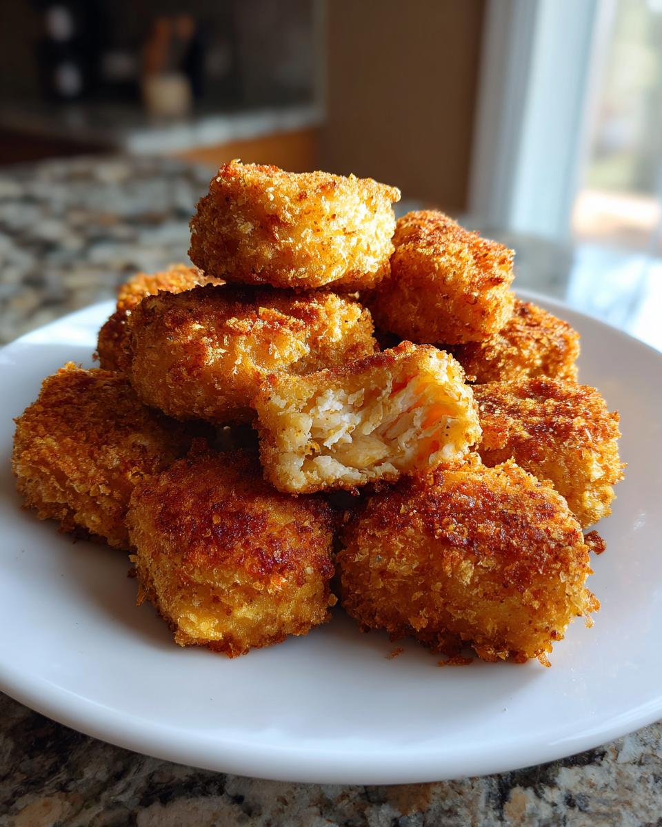 A pile of crispy, golden homemade chicken nuggets stacked on a white plate, one nugget is broken open showing the texture inside.