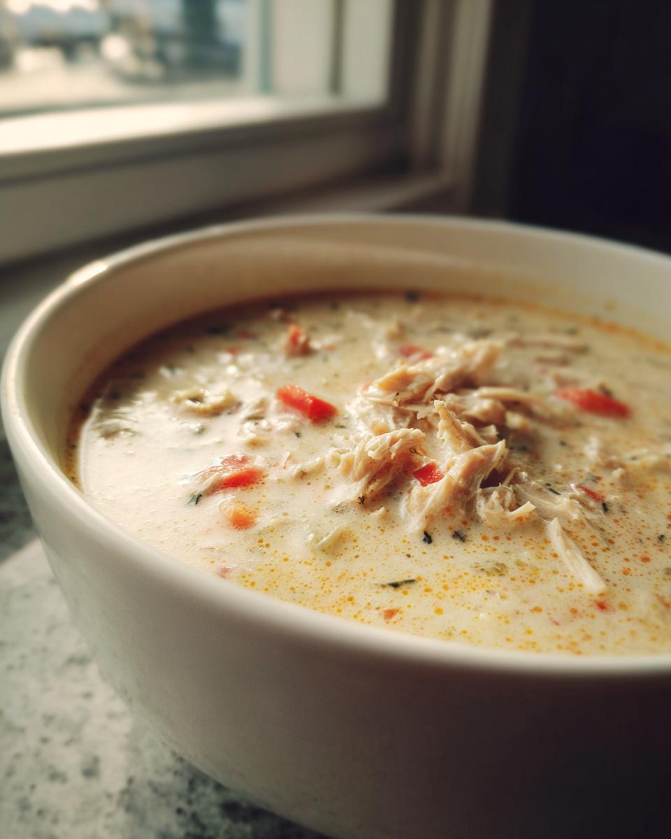 Close-up of a white bowl filled with creamy homemade cream of chicken soup, topped with shredded chicken and diced carrots.