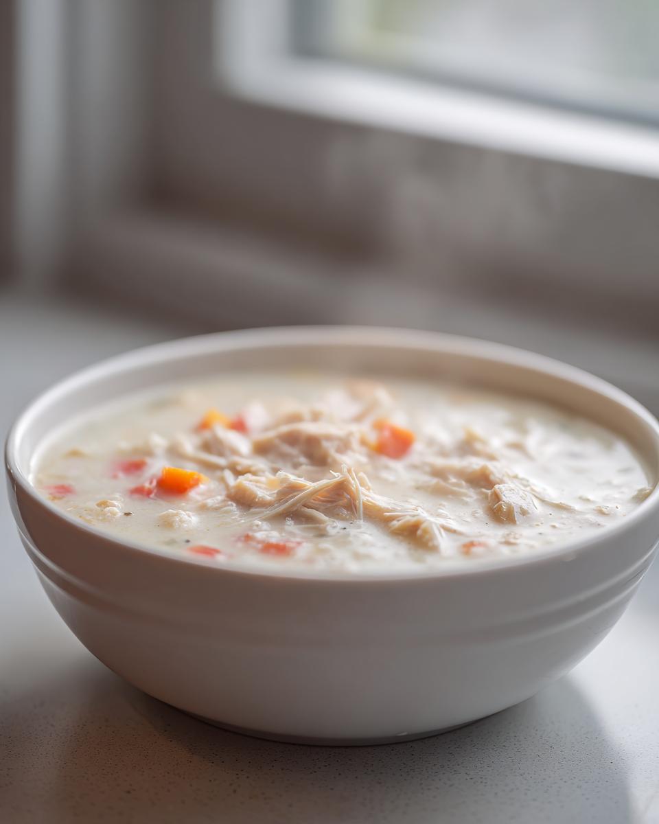 A close-up of a white bowl filled with rich, creamy homemade cream of chicken soup with shredded chicken and carrots.