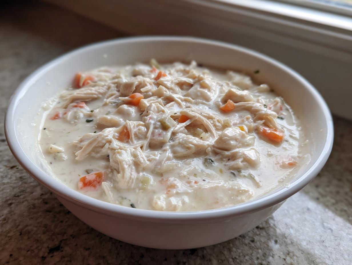 Close-up of a white bowl filled with thick homemade cream of chicken soup, featuring shredded chicken and diced carrots.