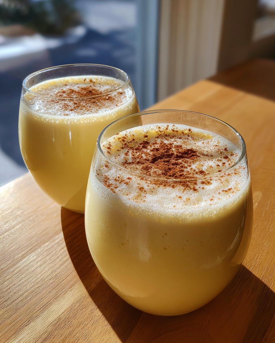 Two glasses filled with creamy, yellow homemade eggnog, topped with frothy foam and a dusting of cinnamon.