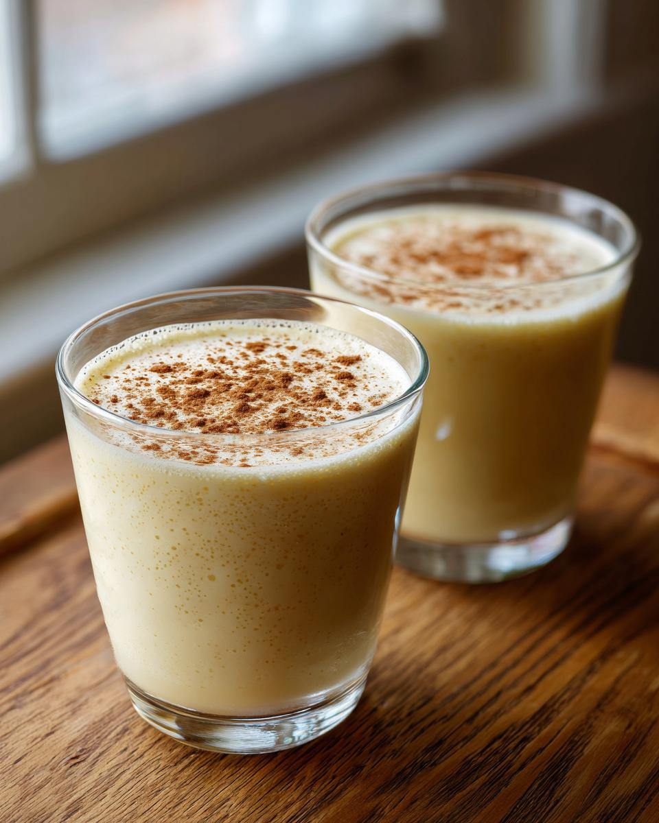 Two glasses filled with creamy homemade eggnog, topped with a dusting of ground cinnamon.