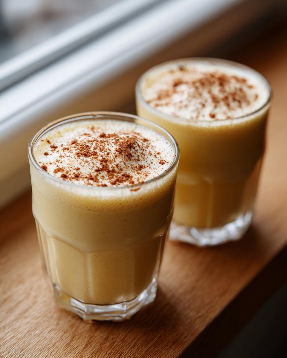 Two glasses filled with creamy homemade eggnog, topped with a dusting of cinnamon, sitting on a wooden surface.