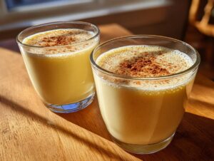 Two glasses filled with creamy homemade eggnog, topped with a dusting of cinnamon, sitting on a wooden surface.