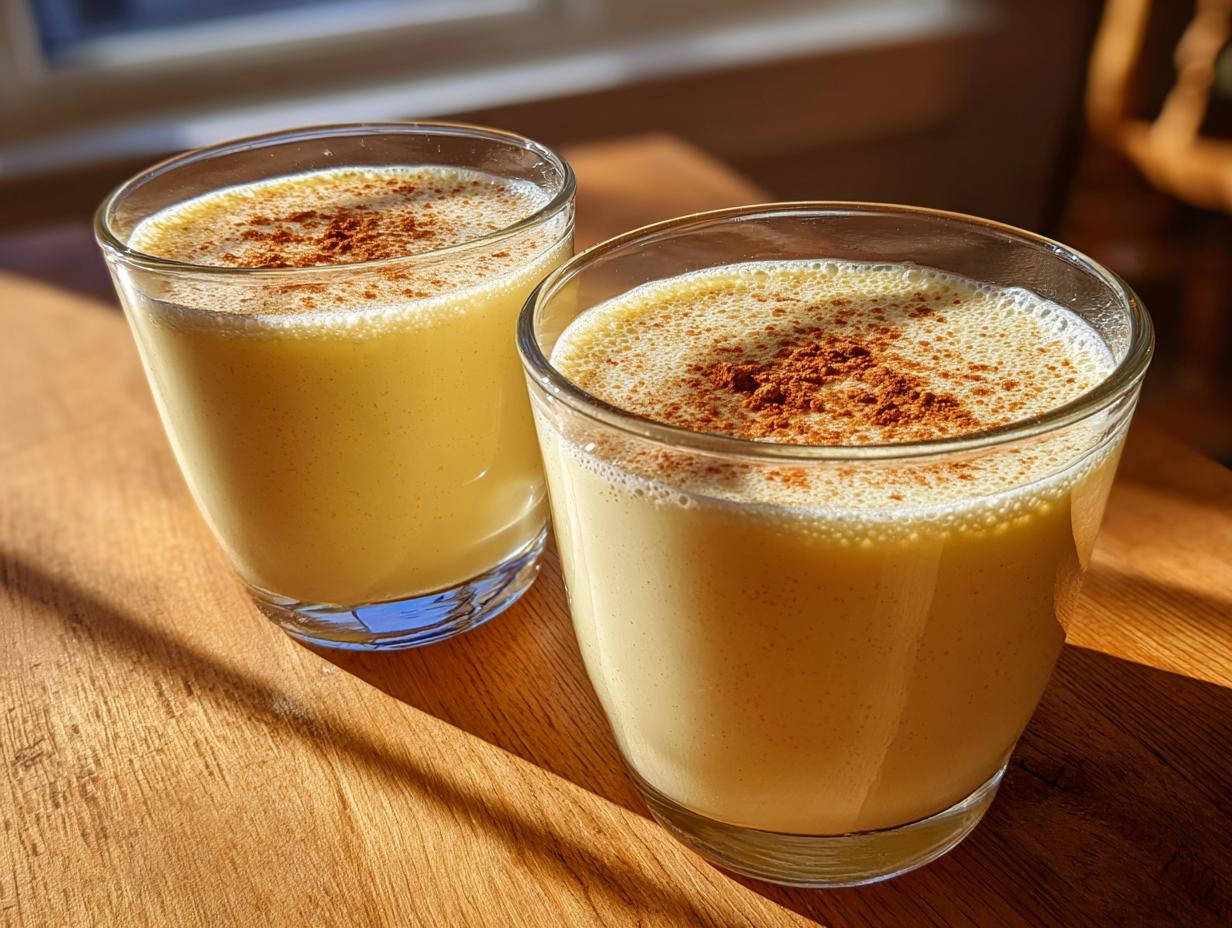 Two glasses filled with creamy homemade eggnog, topped with a dusting of cinnamon, sitting on a wooden surface.