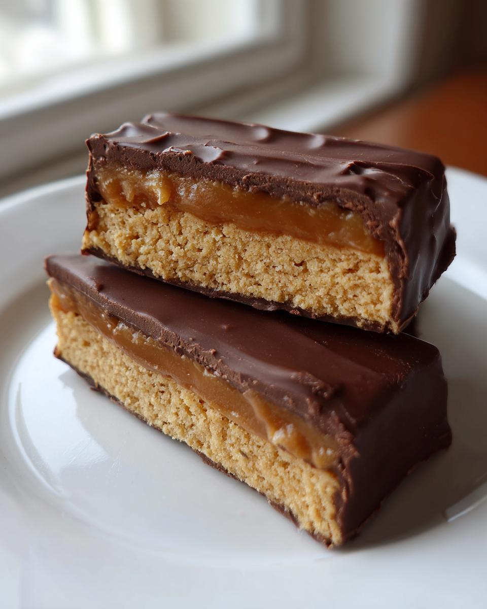 Two homemade low-calorie Twix bars stacked on a white plate, showing the shortbread, caramel, and chocolate layers.