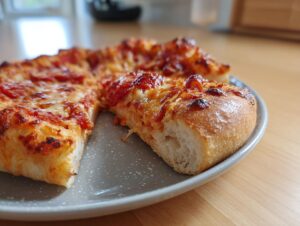 Close-up of a thick-crust slice of homemade pizza with melted cheese and tomato sauce.