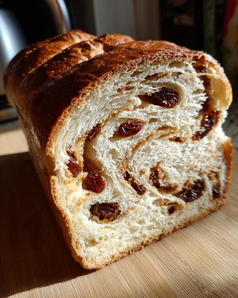 Close-up of a freshly baked loaf of raisin bread sliced open, showing swirls of raisins inside the soft white crumb.