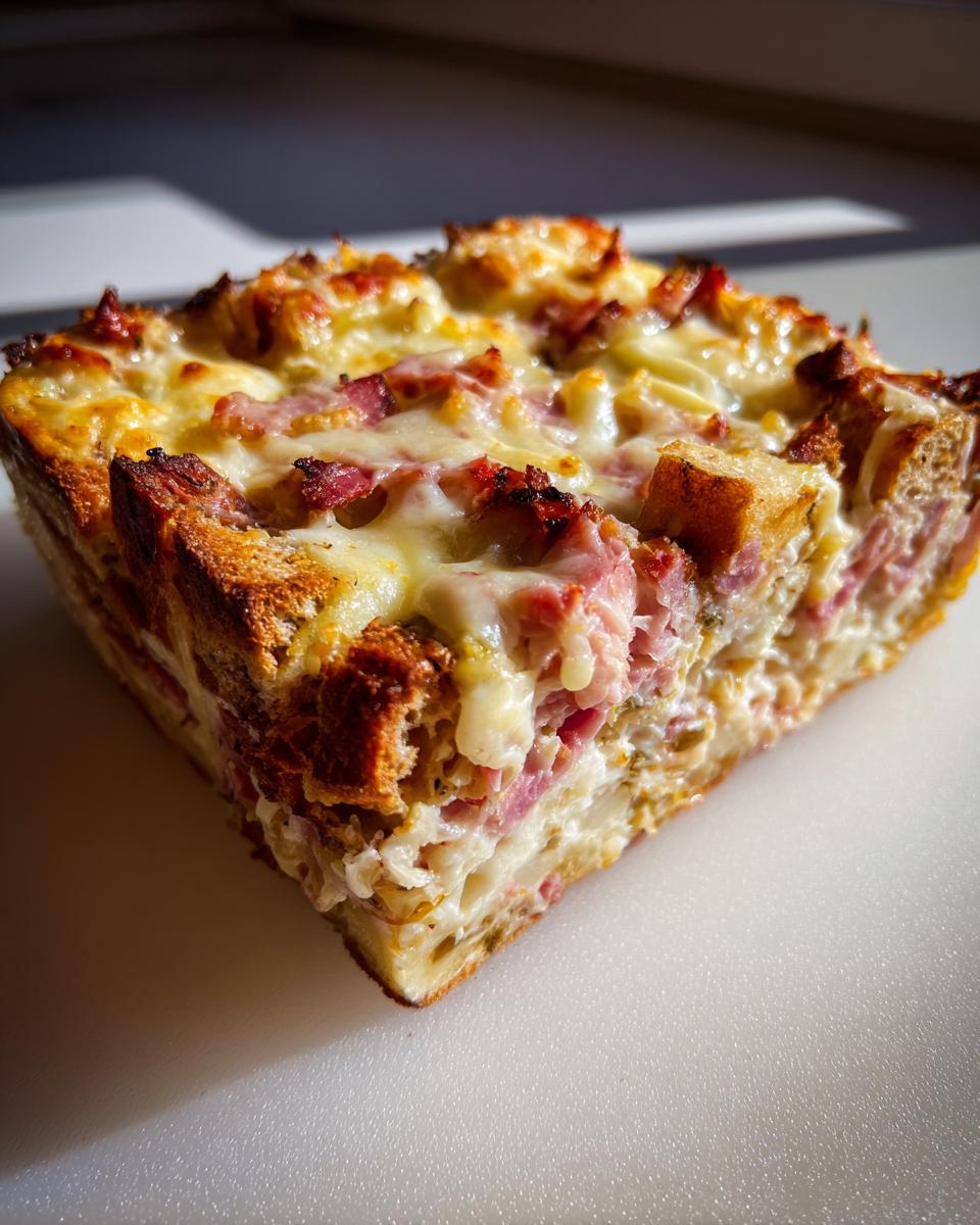 A close-up, square slice of homemade Reuben bake showing layers of bread, ham, and melted Swiss cheese topping.