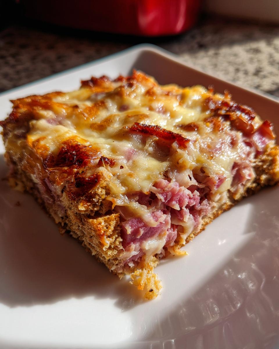 Close-up of a square slice of homemade reuben bake showing corned beef, rye bread base, and melted, browned cheese topping.