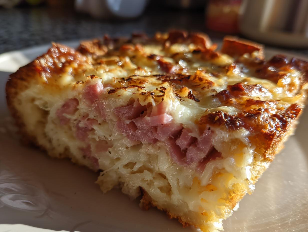 Close-up of a golden-brown slice of homemade Reuben bake showing layers of ham, sauerkraut, and melted cheese.