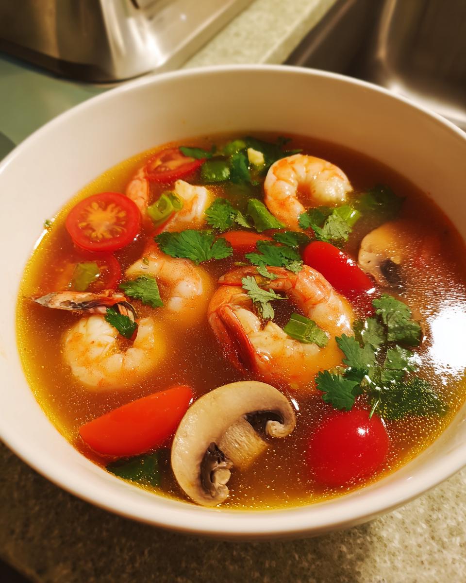 A close-up view of a bowl of vibrant tom yum soup featuring large shrimp, sliced mushrooms, cherry tomatoes, and cilantro.