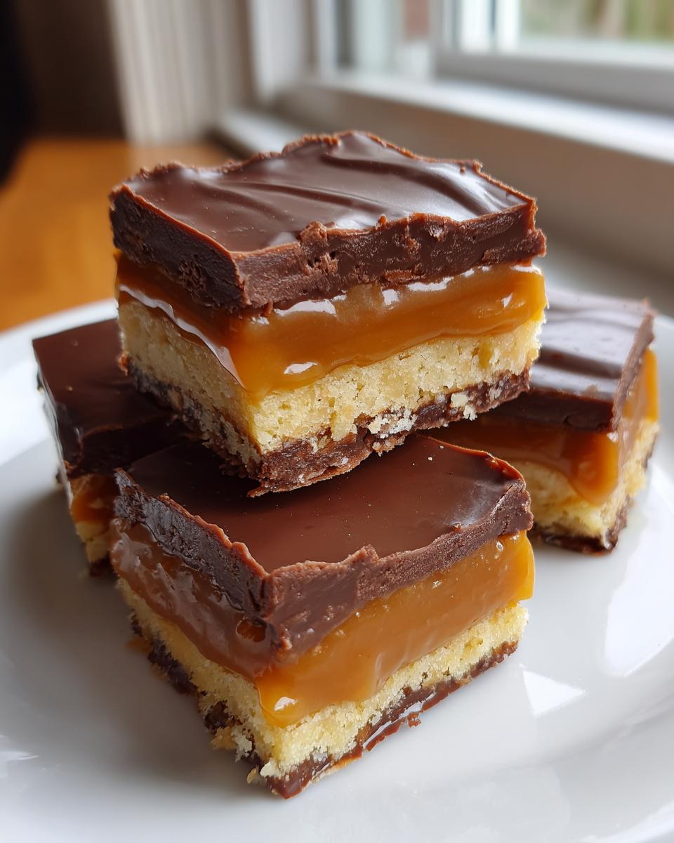 A stack of homemade Twix bars featuring a shortbread base, thick caramel layer, and chocolate topping.