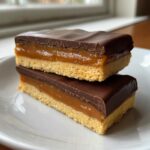 Two delicious homemade twix bars stacked, showing shortbread base, caramel layer, and chocolate topping.
