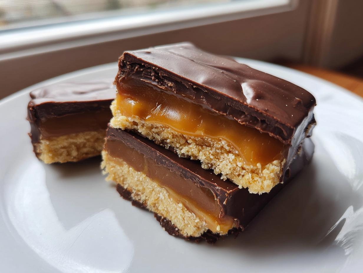 Two stacked homemade Twix bars showing layers of shortbread, caramel, and chocolate coating.