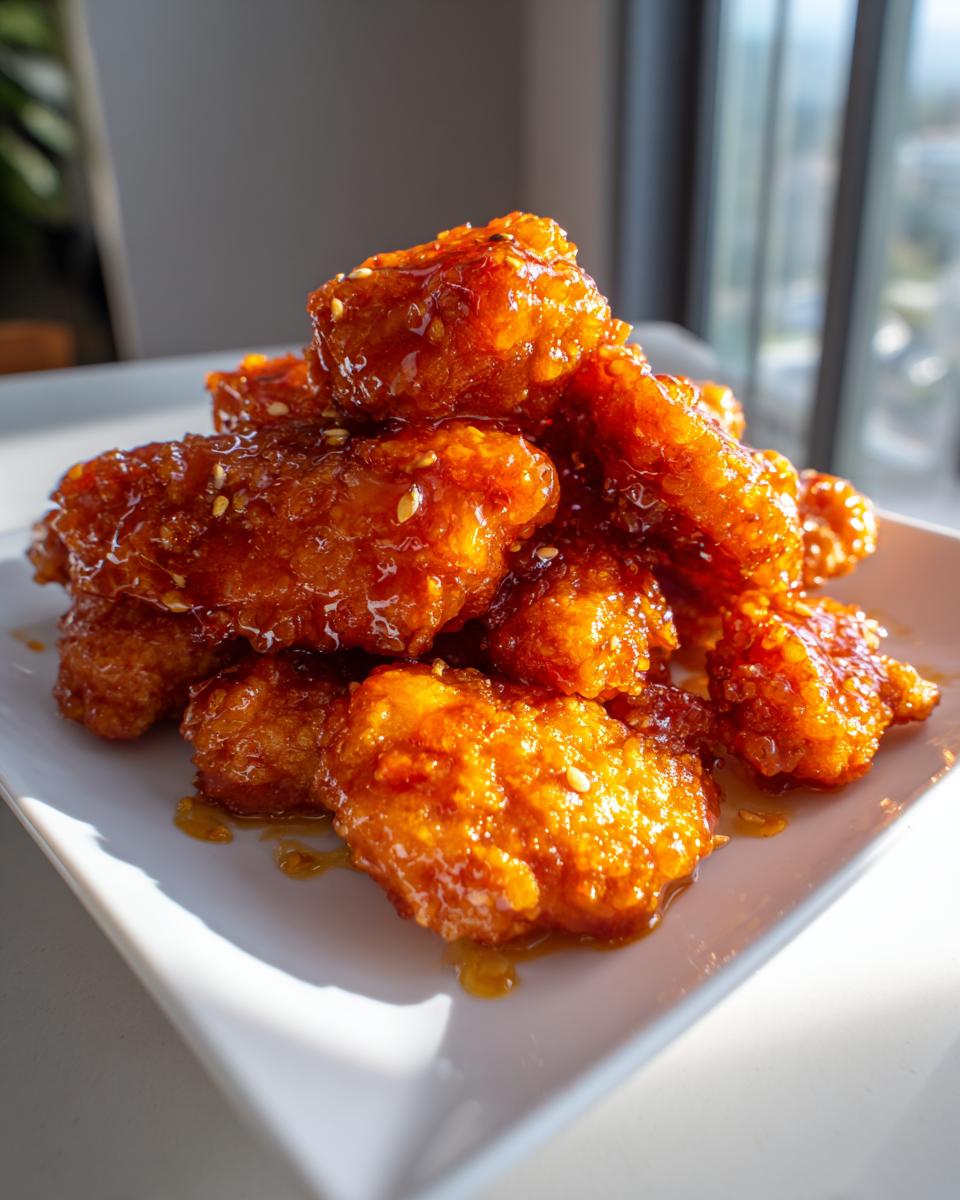 A stack of glossy, orange-glazed hot honey chicken tenders sprinkled with sesame seeds on a white plate.