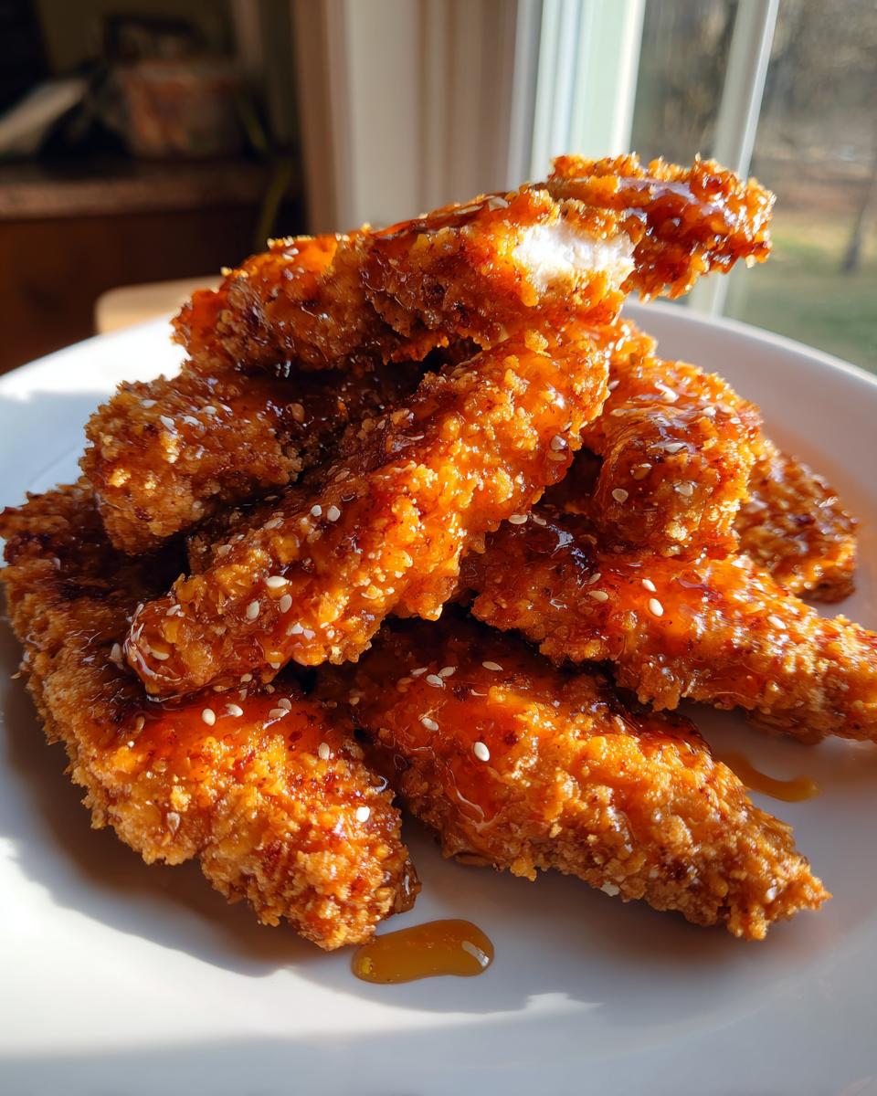 A stack of crispy, glazed hot honey chicken tenders sprinkled with sesame seeds on a white plate.