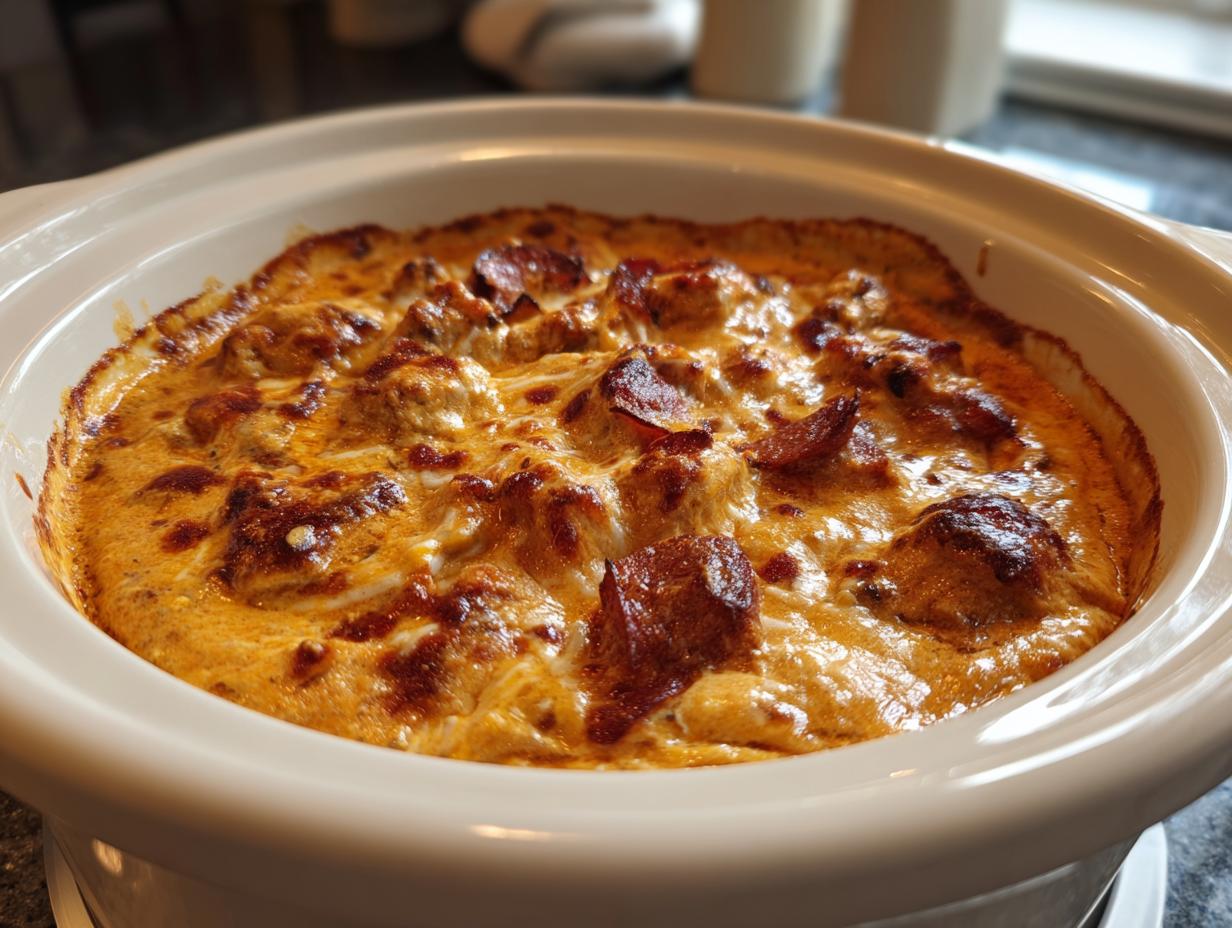 Close-up of a baked, bubbly reuben dip with melted cheese and pieces of corned beef in a white slow cooker insert.