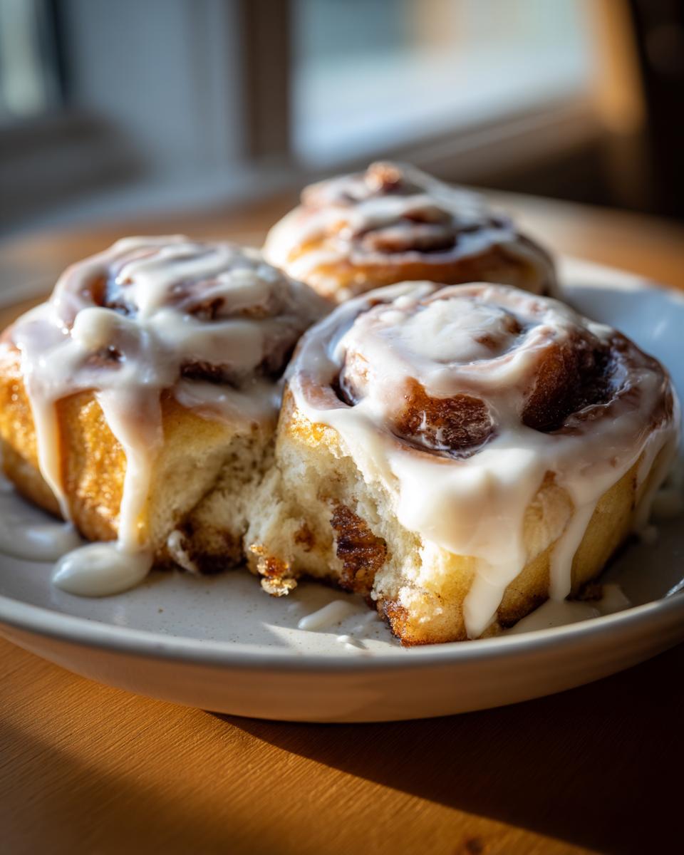 Three gooey, iced small batch cinnamon rolls sitting on a light plate, with one roll pulled apart to show the soft interior.