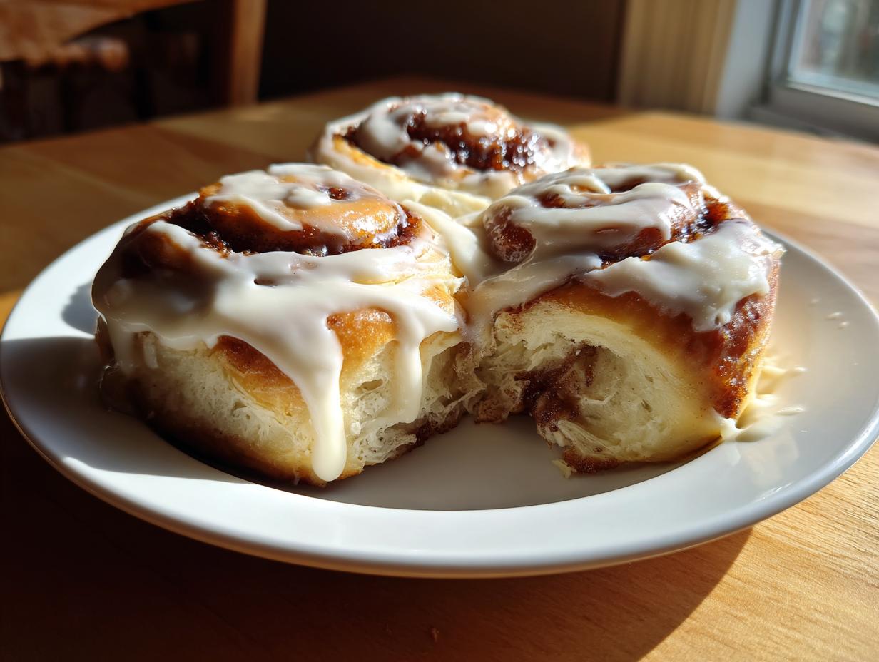 Three gooey, iced small batch cinnamon rolls sitting on a white plate, one is slightly pulled apart.