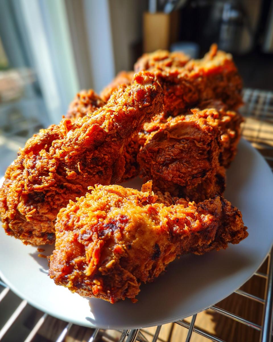 Close-up of several pieces of incredibly crispy, golden-brown fried chicken resting on a white plate.