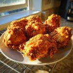 Close-up of several pieces of golden brown, crispy fried chicken resting on a white plate near a sunlit window.