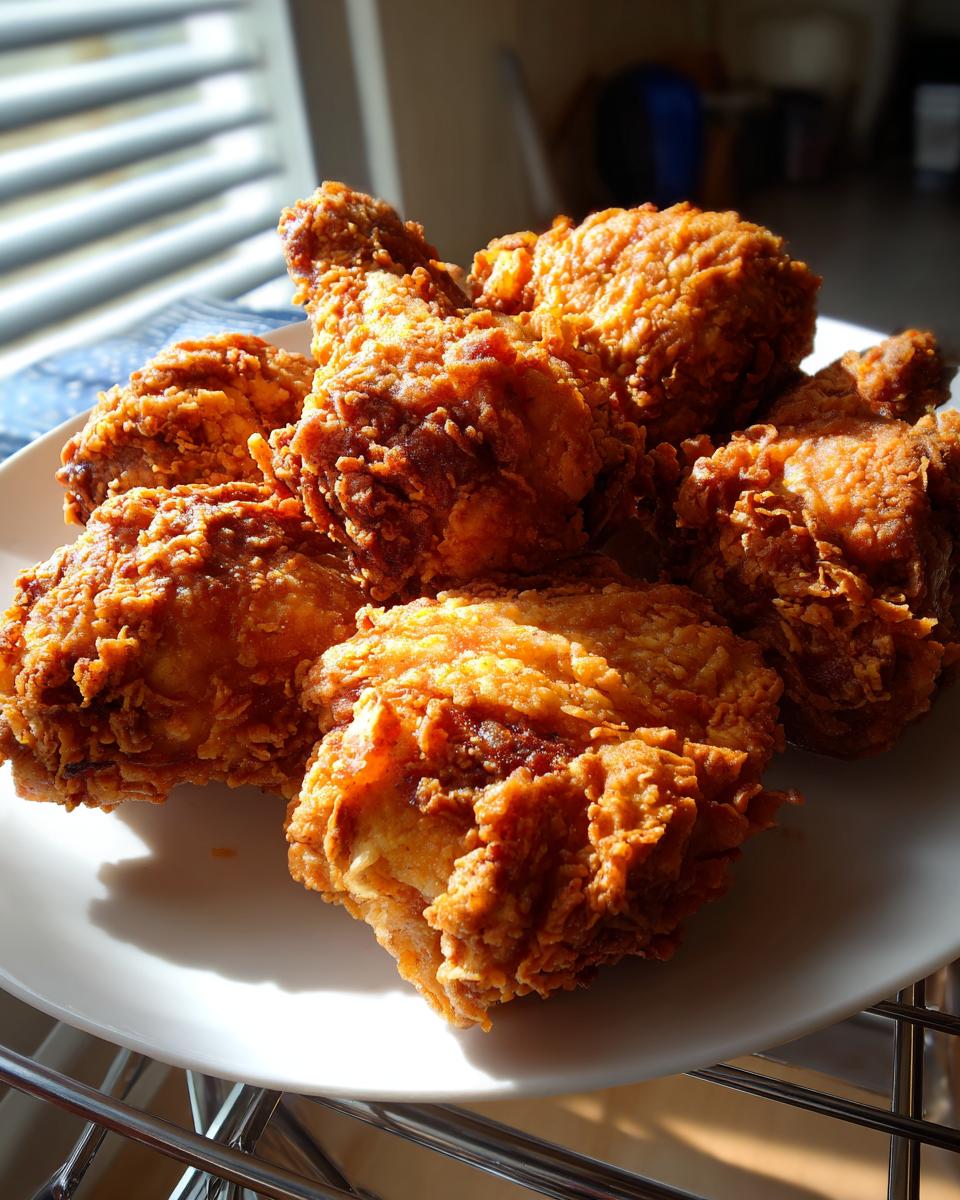A plate piled high with golden brown, crispy fried chicken pieces catching the sunlight.