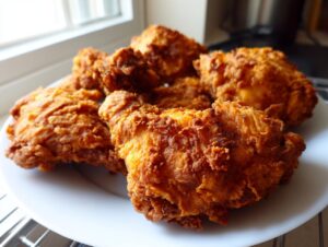Close-up of several pieces of golden brown, crispy fried chicken piled high on a white plate.