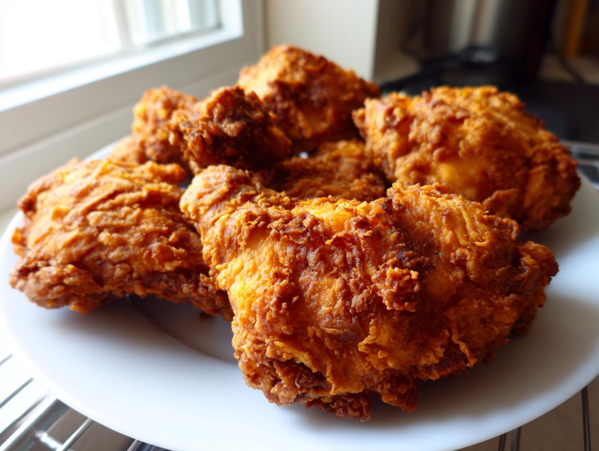 Close-up of several pieces of golden brown, crispy fried chicken piled high on a white plate.