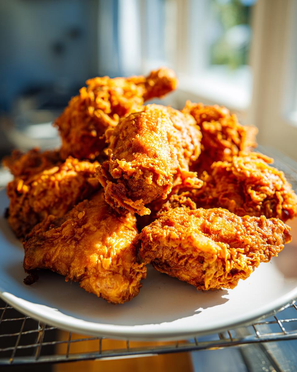 A mound of golden brown, crispy fried chicken pieces piled high on a white plate.