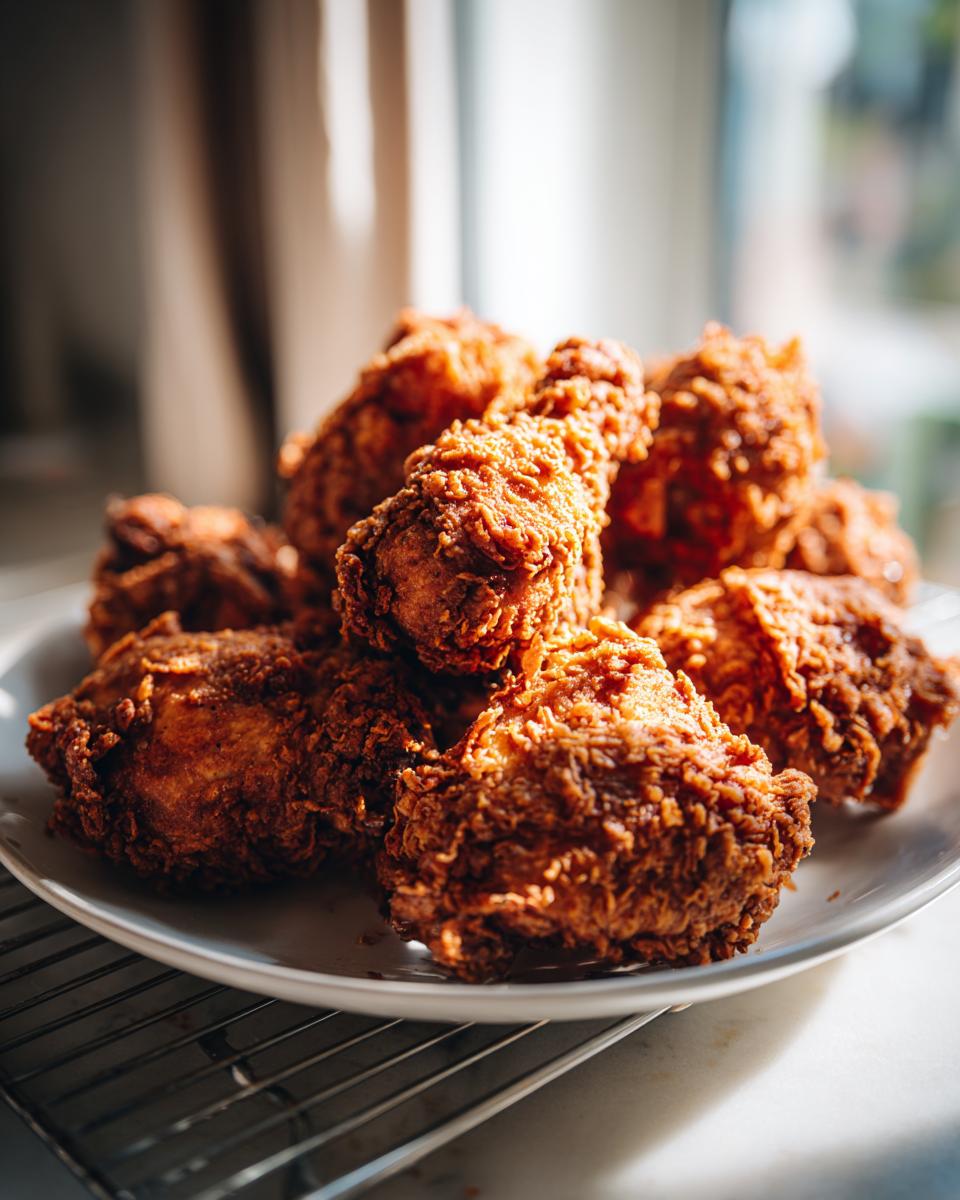 A plate piled high with golden-brown, extra-crispy fried chicken pieces, highlighting the crunchy coating.