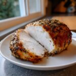 A perfectly cooked, juicy slow cooker turkey breast sliced in half, showing white meat and a seasoned, herbed crust.