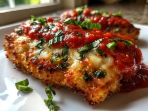 Close-up of a piece of keto chicken parmesan, featuring a crispy crust, melted mozzarella, and rich marinara sauce, garnished with fresh basil.