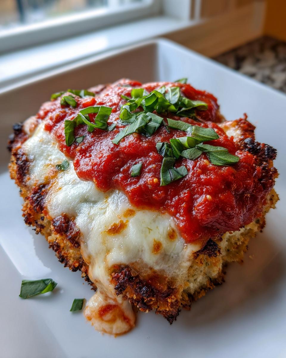 Close-up of a piece of keto chicken parmesan topped with melted mozzarella, marinara sauce, and fresh basil.