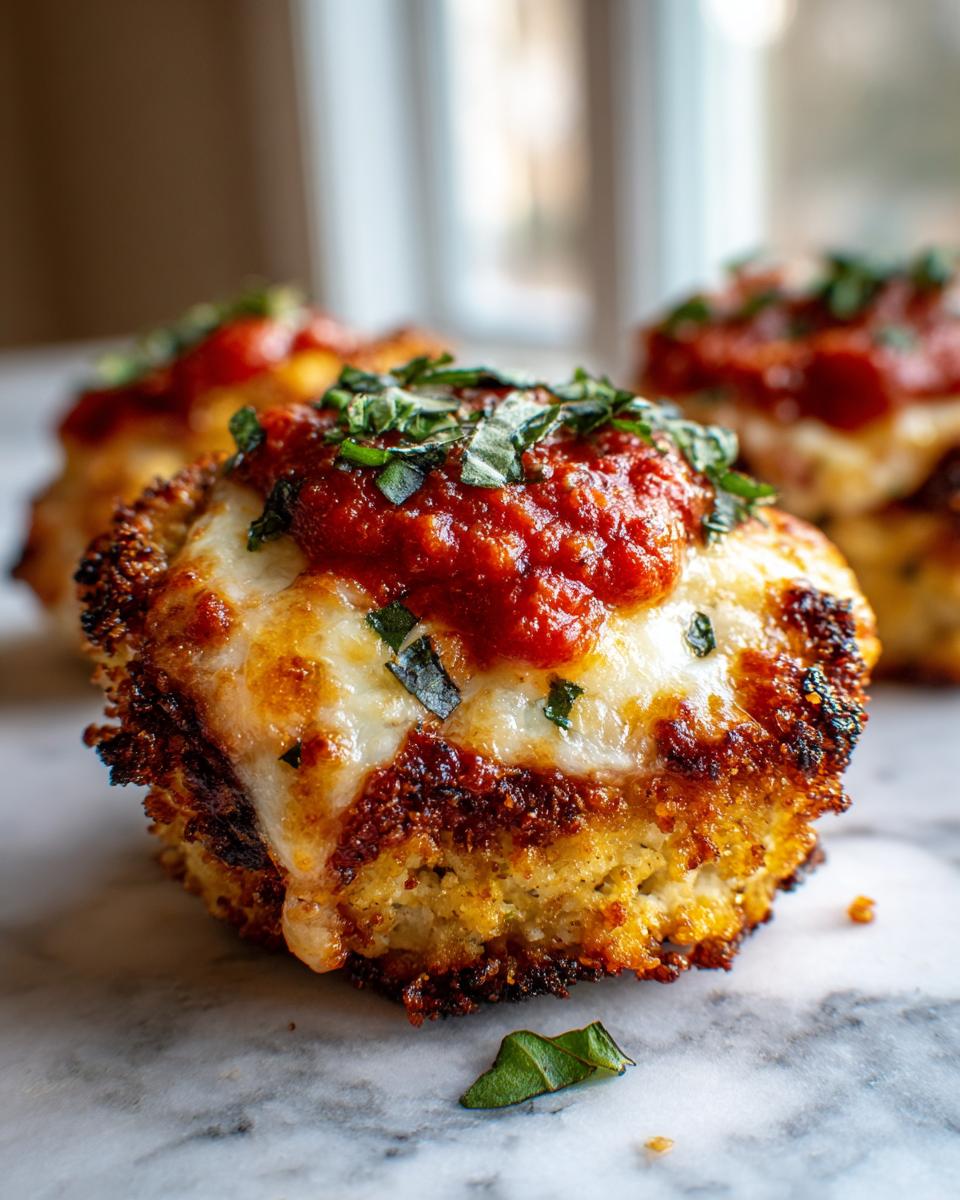A close-up of a single keto chicken parmesan serving, topped with melted mozzarella, marinara sauce, and fresh basil.