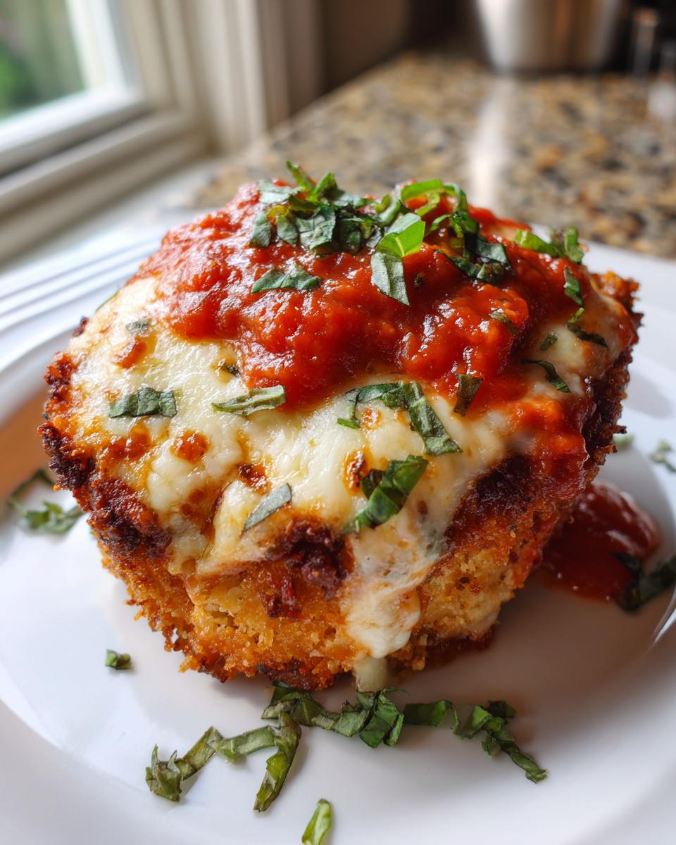 A close-up of a single serving of keto chicken parmesan topped with melted mozzarella, rich marinara sauce, and fresh basil.