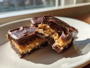 Three squares of rich buckeye fudge showing distinct chocolate, peanut butter, and crunchy layers, sitting on a white plate.