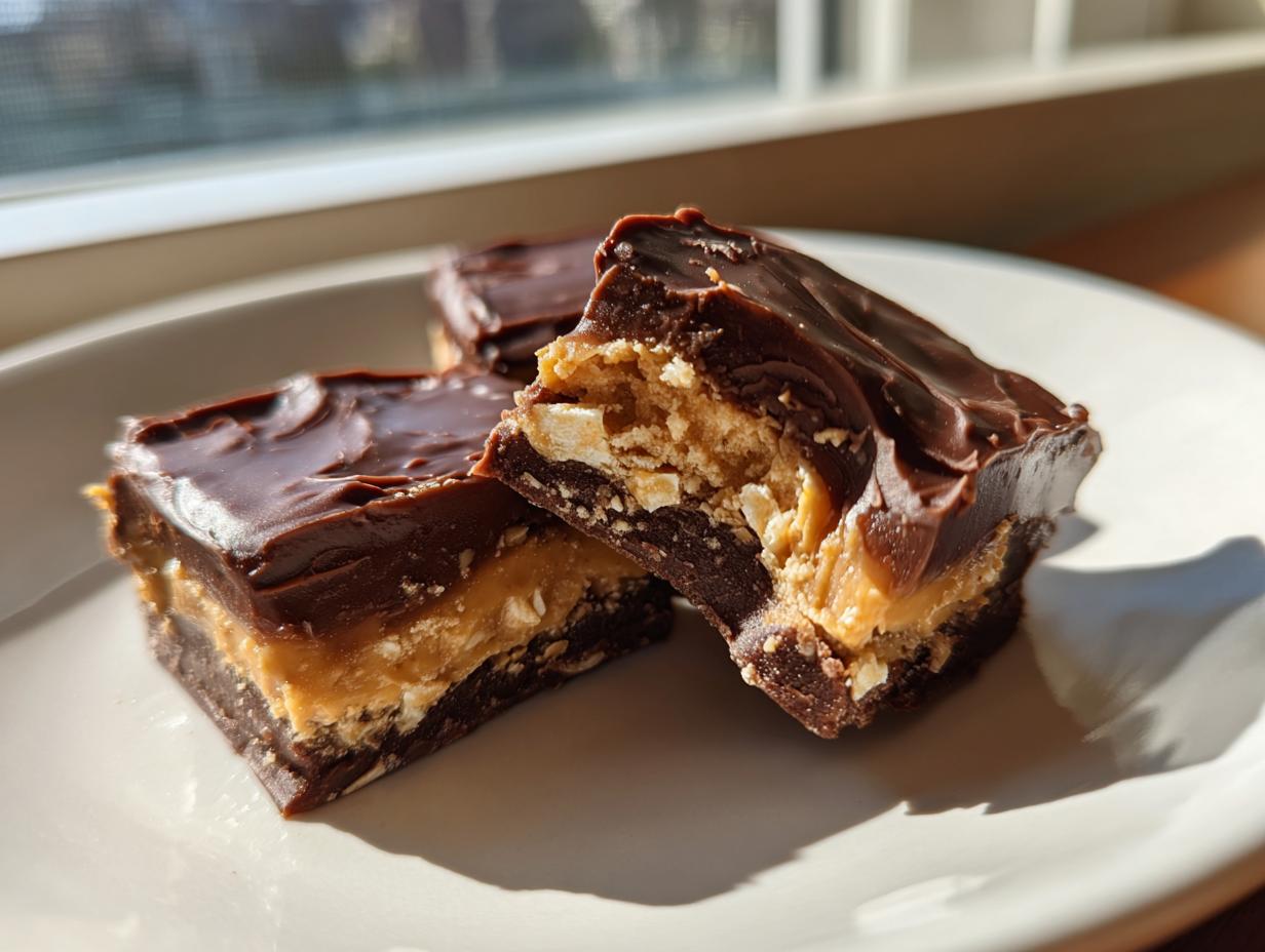 Three squares of rich buckeye fudge showing distinct chocolate, peanut butter, and crunchy layers, sitting on a white plate.