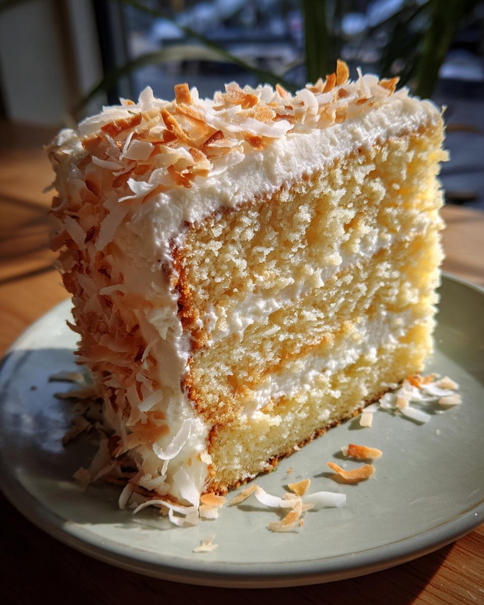 A tall, moist slice of coconut cake layered with white frosting and covered in toasted coconut flakes.