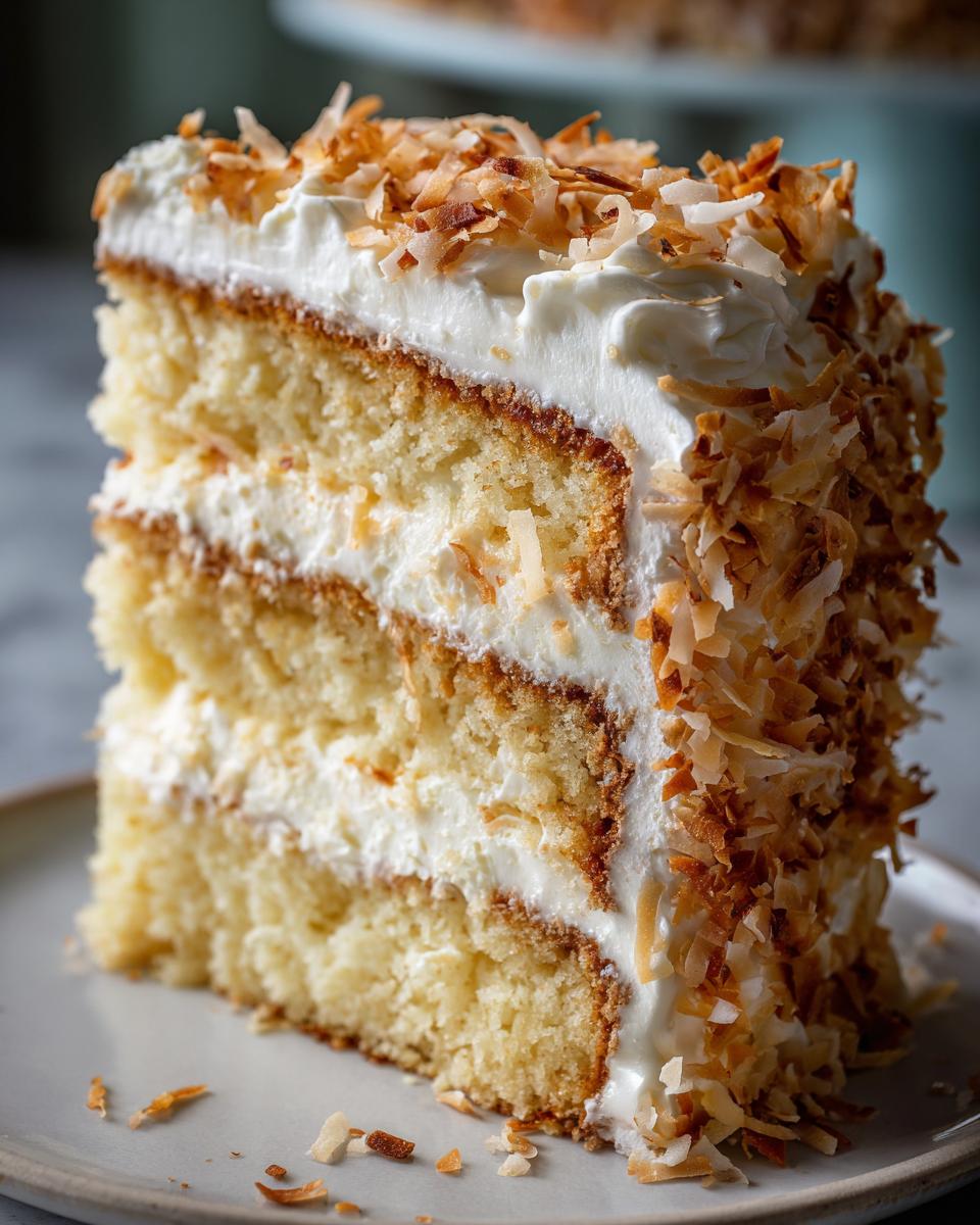 A tall slice of moist coconut cake with white frosting and toasted coconut flakes covering the side.