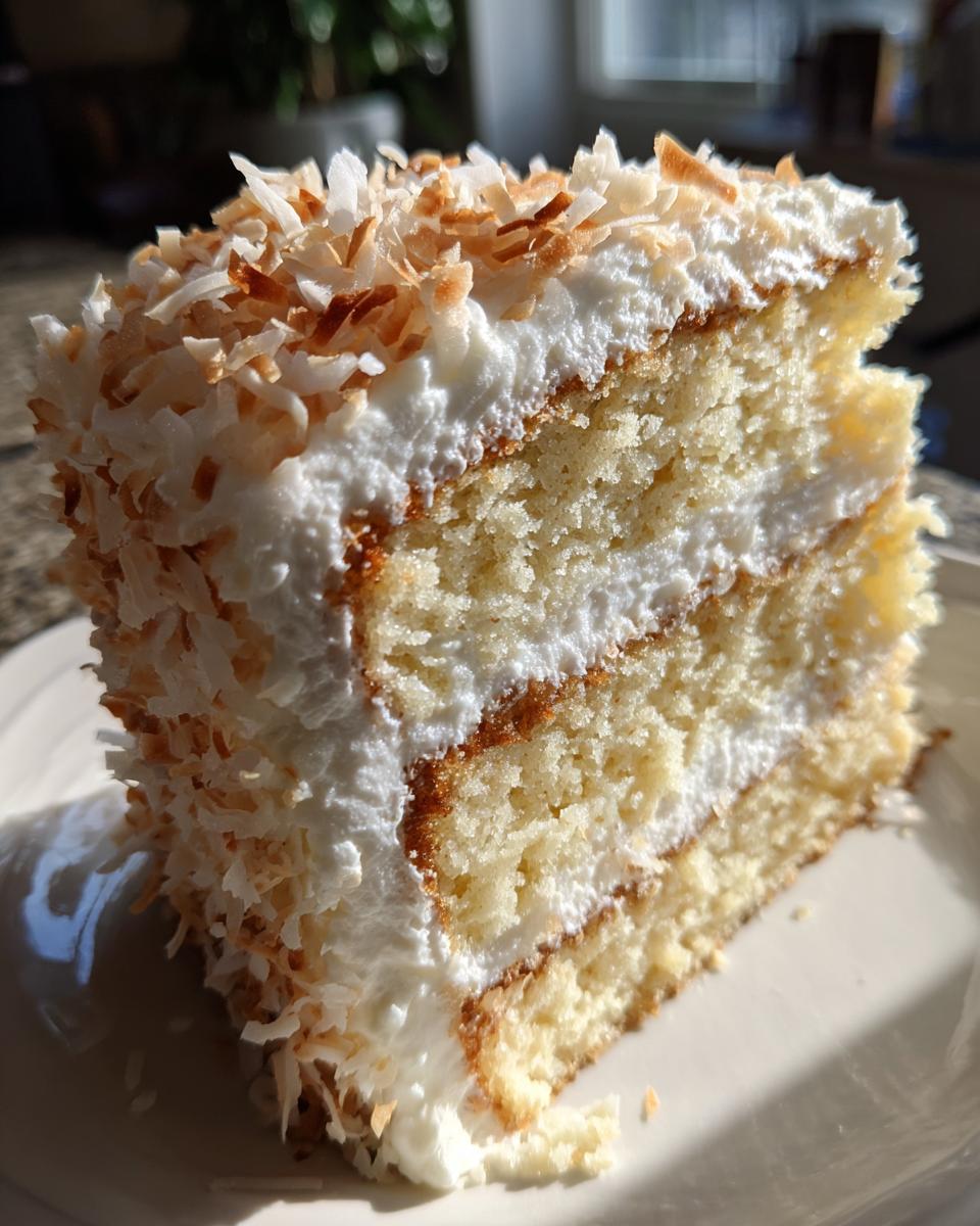 Close-up of a slice of moist coconut cake showing layers of white cake, frosting, and toasted coconut flakes.