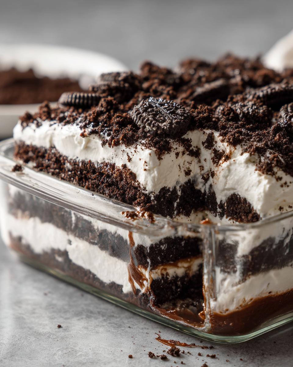 A close-up view of a rich, layered dirt cake in a glass baking dish, showing alternating layers of chocolate cake, white cream, and crushed cookies.