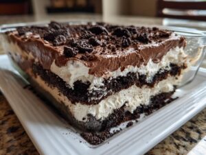 A cross-section view of a rich, layered dirt cake showing alternating layers of chocolate cake, white cream, and topped with chocolate pudding and cookie crumbs.