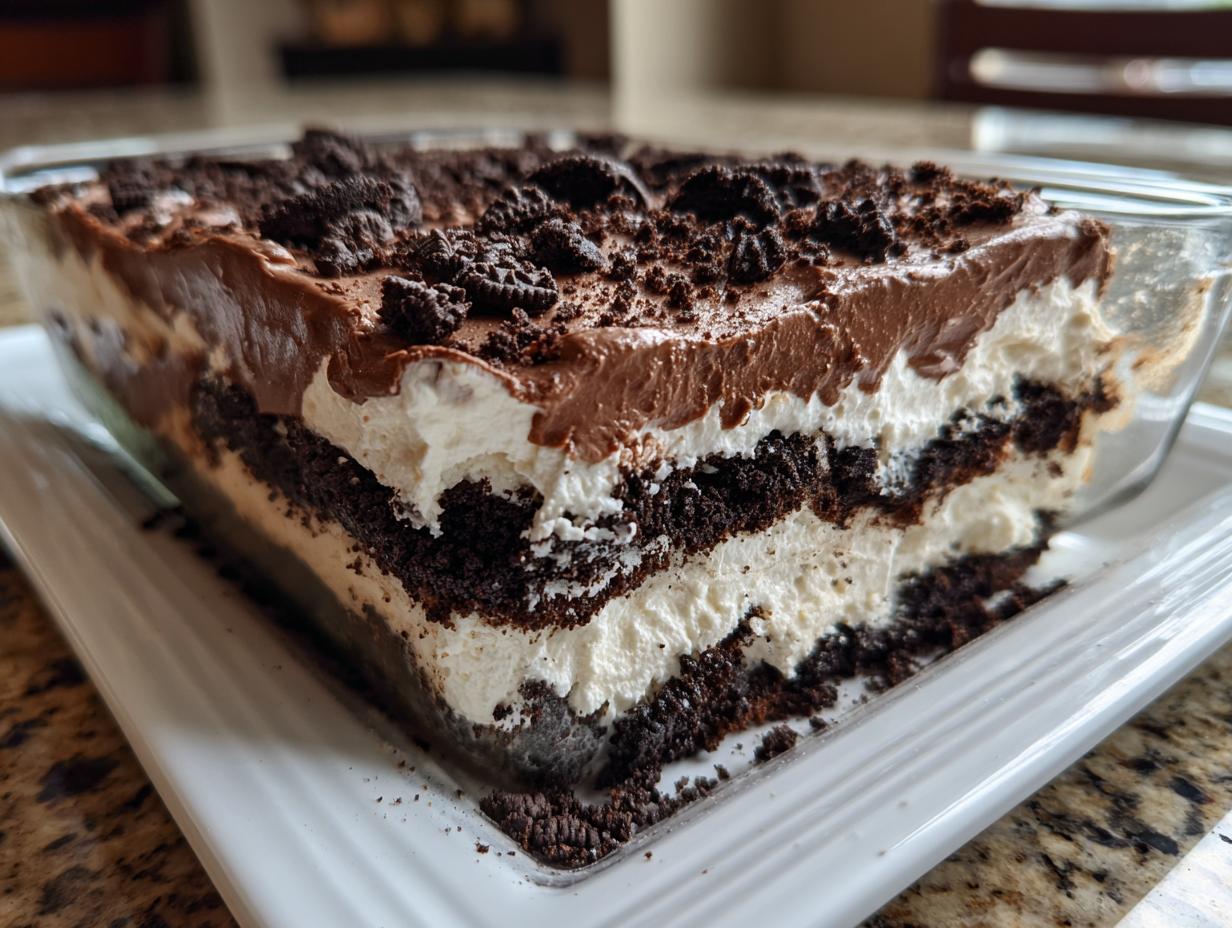 A cross-section view of a rich, layered dirt cake showing alternating layers of chocolate cake, white cream, and topped with chocolate pudding and cookie crumbs.