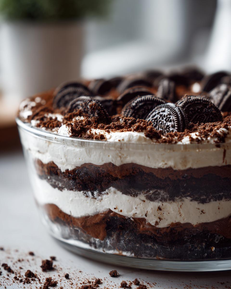 Close-up of a layered dirt cake in a glass bowl, featuring alternating layers of chocolate pudding, cream, and crushed Oreos, topped with whole cookies.