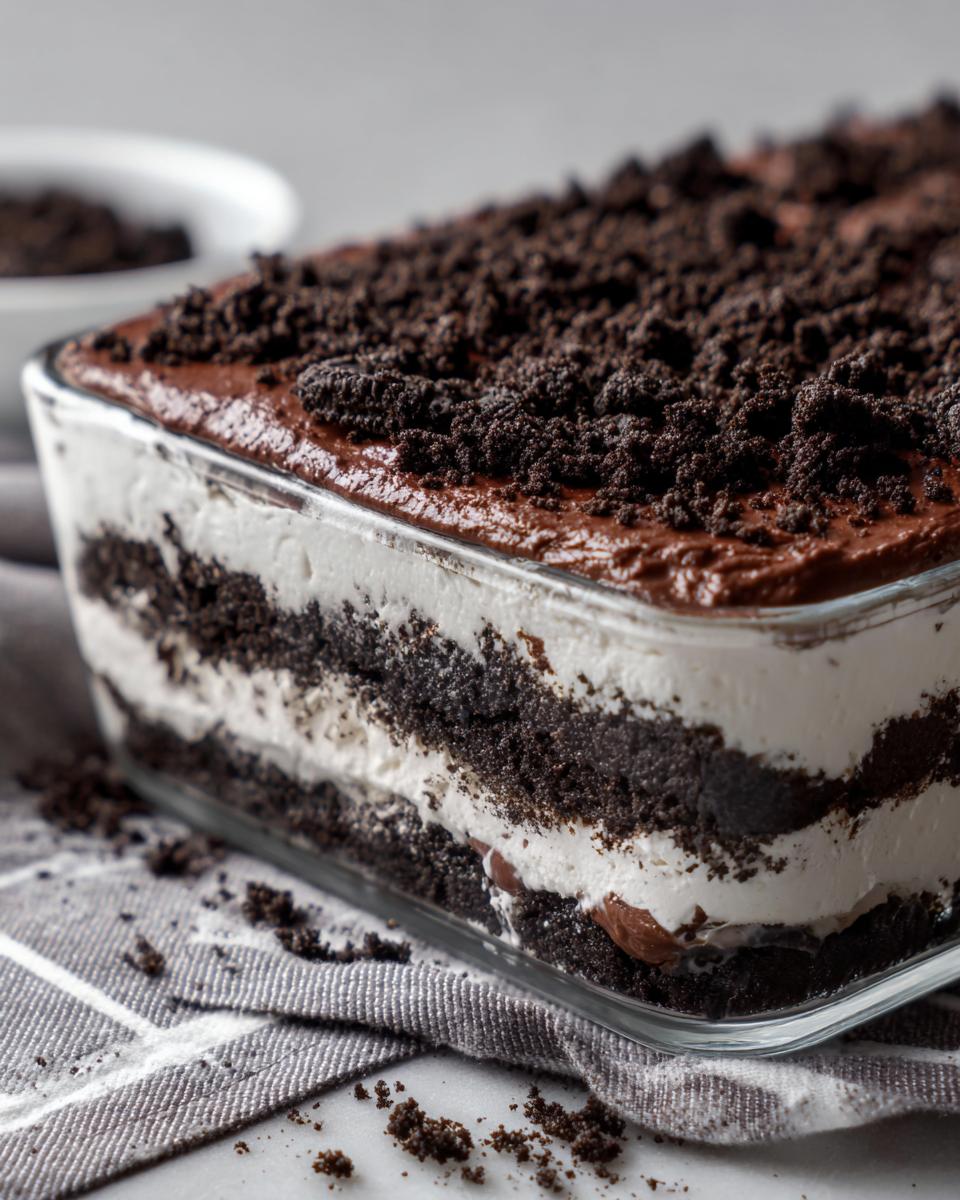 Close-up of a layered dirt cake in a glass rectangular dish showing alternating layers of cream and chocolate cookie crumbs.