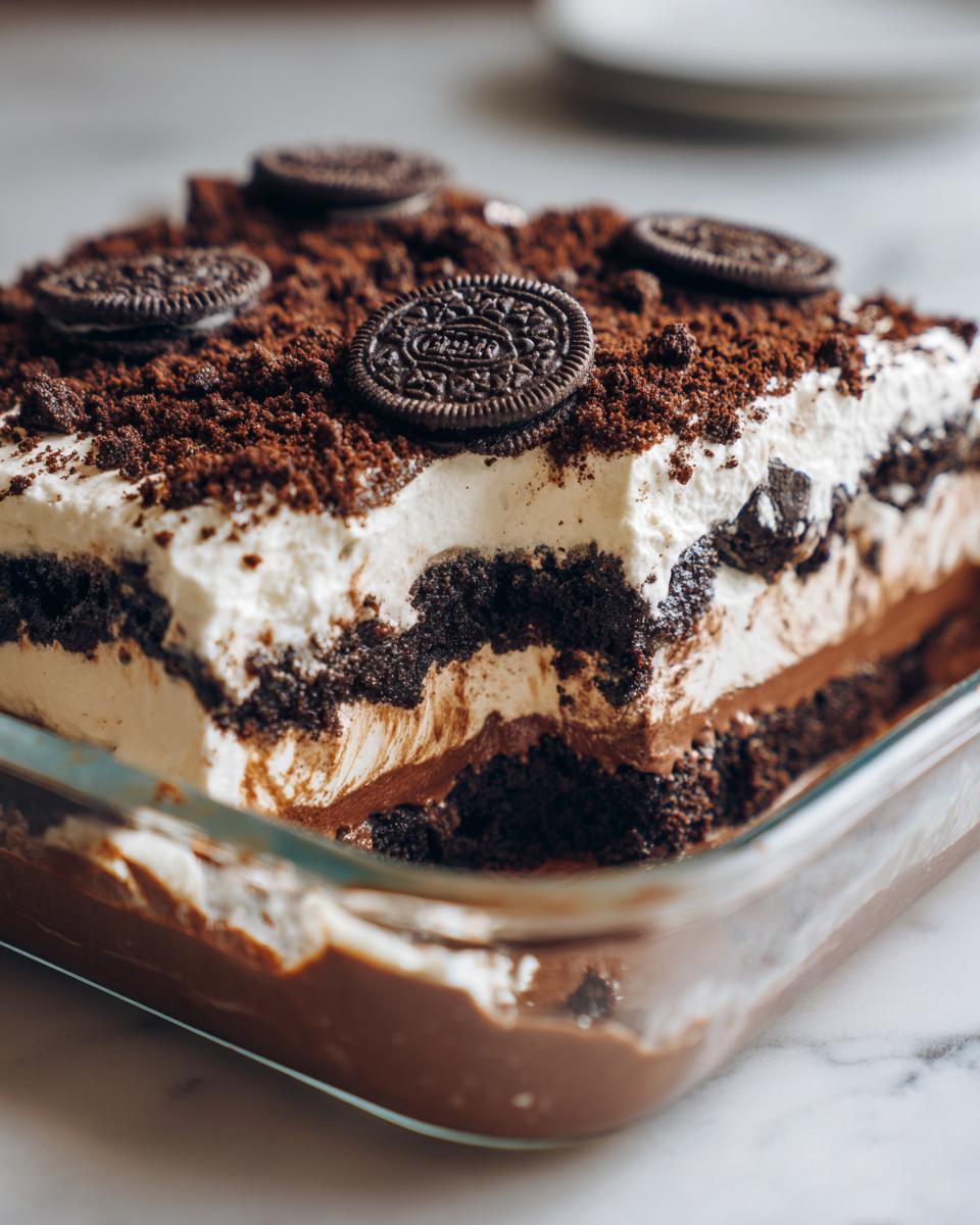 A close-up view of a rich, layered dirt cake in a glass dish, topped with whipped cream and whole Oreo cookies.