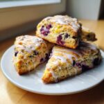A stack of four delicious lemon blueberry scones topped with a white lemon glaze, resting on a white plate.